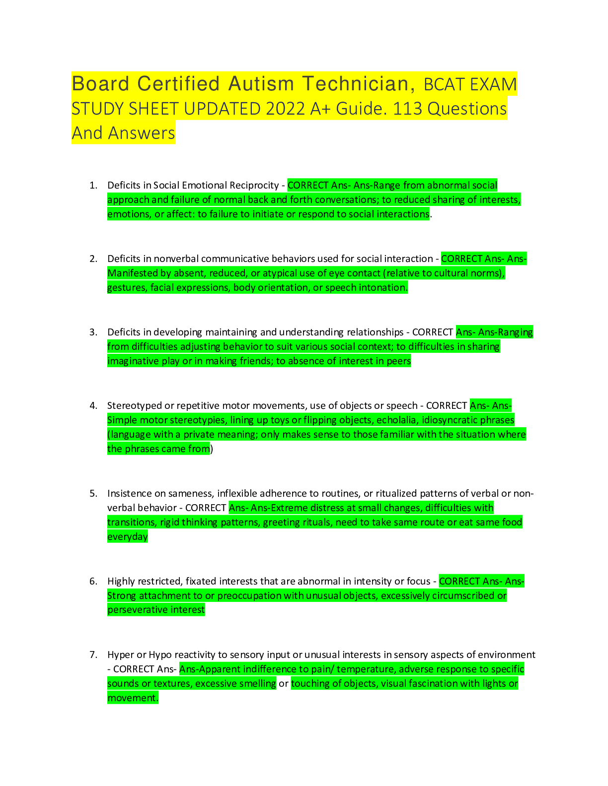 Preview of Board Certified Autism Technician, BCAT EXAM STUDY SHEET UPDATED 2022 A+ Guide. 113 Questi